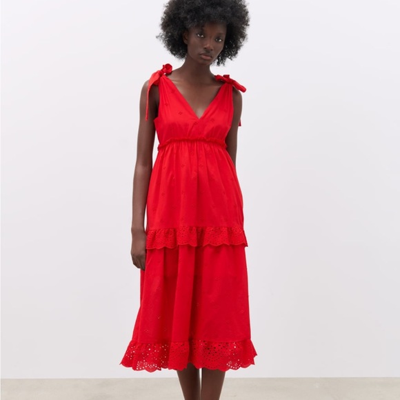 Zara Red Eyelet Dress - Size M - EUC - Picture 1 of 7